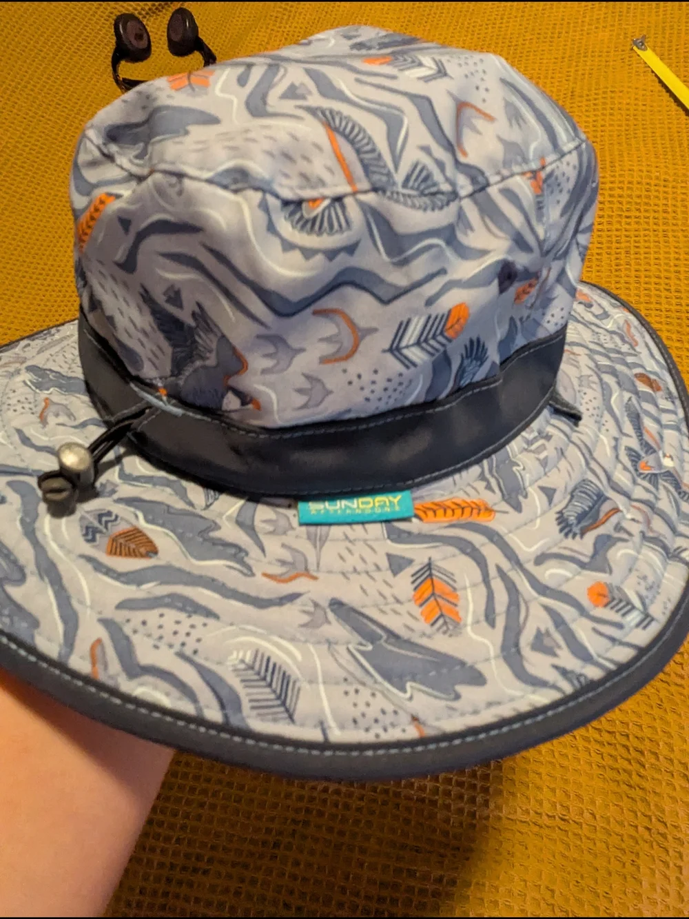 Sunday Kids Sun Hat in Gray, Blue, Orange Bird Print